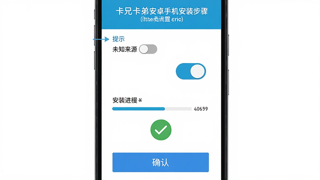 卡兄卡弟安卓手机安装步骤示意图,主体为手机屏幕中的安装权限设置页面,布局为顶部提示文字、中部开关按钮、底部确认按钮,排版为纵向步骤图,风格为扁平化教程风,细节包括未知来源开关、安装进度条、完成打勾图标,画质高清,干净,无多余元素