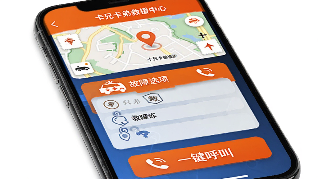 卡兄卡弟救援中心呼叫页面,主体为手机屏幕中的救援请求表单,布局为顶部地图定位、中部故障选项、底部一键呼叫按钮,排版为上下结构,风格为紧急救援橙蓝配色,细节包括救援车图标、定位标记、电话图标,画质高清,干净,无多余元素