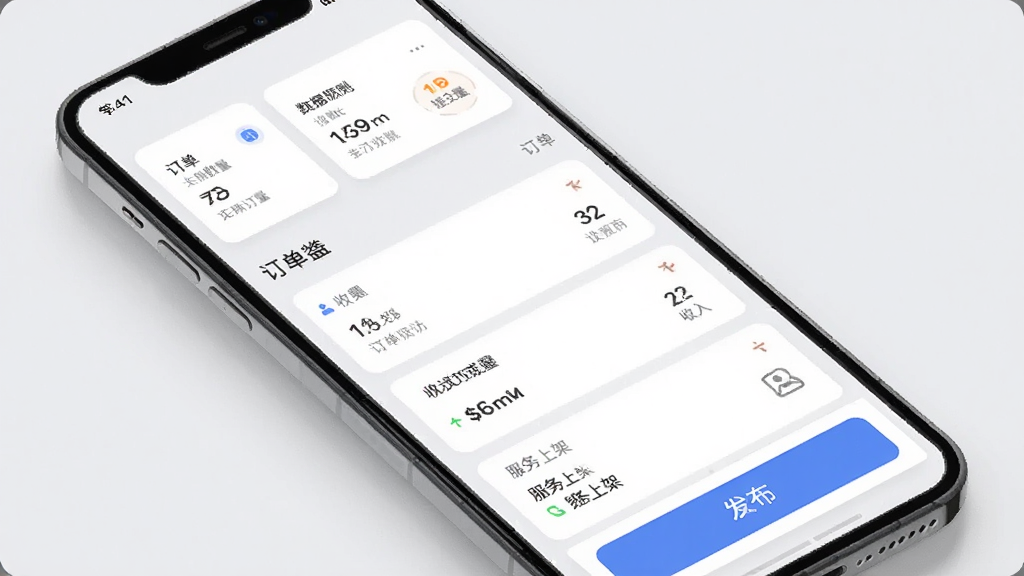 卡兄卡弟商家入驻开店后台界面,主体为手机屏幕中的店铺管理页面,布局为顶部数据概览、中部订单列表、底部发布按钮,排版为模块化卡片,风格为浅灰质感商务风,细节包括订单数量、收入统计、服务上架入口,画质高清,干净,无多余元素