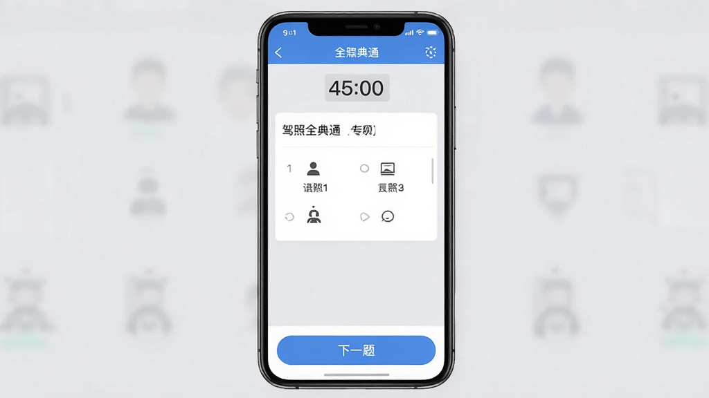 手机屏幕展示驾照全典通APP的模拟考试界面,顶部有倒计时器显示“45:00”,中间是一道选择题,底部有“下一题”按钮,背景为淡灰色,整体布局清晰,画质干净,无多余元素