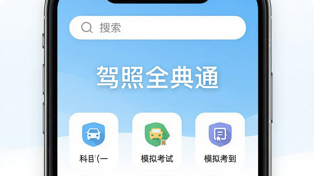 一张手机屏幕展示驾照全典通APP首页的图片,页面中央有“驾照全典通”字样,背景为浅蓝色渐变,顶部有搜索框,下方排列科目一、科目四、模拟考试等图标,整体风格简洁清新,画质清晰,干净无多余元素