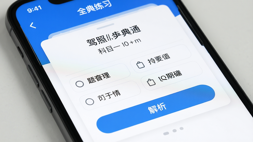 一个手机屏幕特写,展示驾照全典通APP的题库练习界面,屏幕中央显示一道科目一题目和四个选项,下方有“解析”按钮,背景为白色卡片式设计,整体风格清爽,画质清晰,干净无多余元素