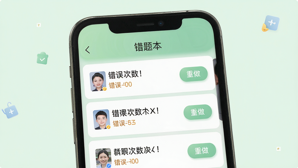 手机屏幕展示驾照全典通APP的错题本界面,页面顶部有“错题本”标题,下方列表显示多道错题及错误次数,每道题右侧有“重做”按钮,背景为浅绿色,整体风格柔和,画质清晰,干净无多余元素