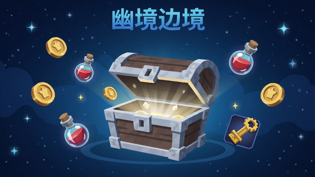 幽蓝边境挂机收益领取界面,画面中央是一个宝箱正在打开,周围漂浮着金币、经验药水和装备图标,背景是幽蓝色的星空,顶部有幽蓝边境字样,风格简洁,画质清晰,干净无多余元素