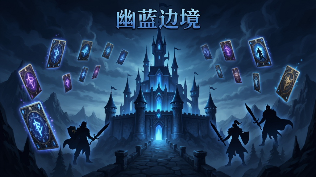 幽蓝边境游戏主界面全景展示,画面中央是幽蓝色调的奇幻边境城堡,四周环绕着漂浮的魔法卡牌与英雄剪影,顶部显示游戏名称幽蓝边境,整体采用暗黑奇幻风格,细节丰富,画质清晰,干净无多余元素