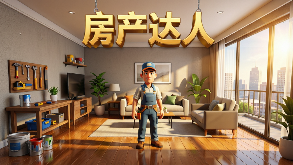 一款以房屋翻新为主题的3D模拟经营手机游戏画面,主体是一位穿着工装的主角站在刚翻新完成的客厅中央,周围摆放着现代风格的家具和绿植,左侧是工具台和油漆桶,右侧是落地窗透进温暖的阳光,布局采用广角透视视角展现整个房间的空间感,排版上游戏名称