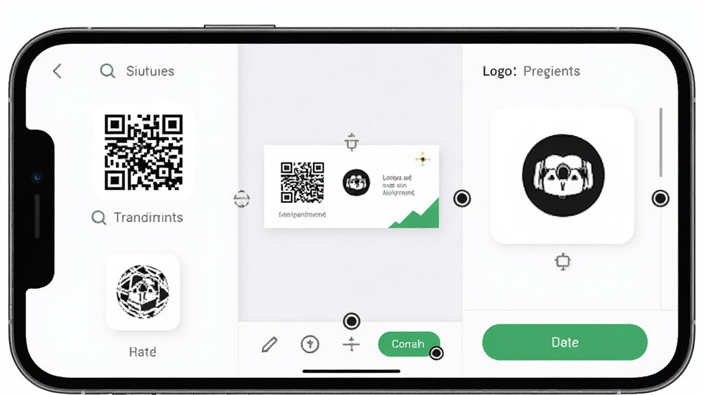 名片设计应用内二维码与Logo嵌入功能界面,画面主体为手机屏幕中名片编辑区域,布局为中央名片预览加底部工具栏,排版为左右分栏显示编辑选项与效果预览,风格为简洁工具类UI设计,细节包括二维码图案、Logo图标、拖拽控制点和确认按钮,画质清晰干净,无多余元素