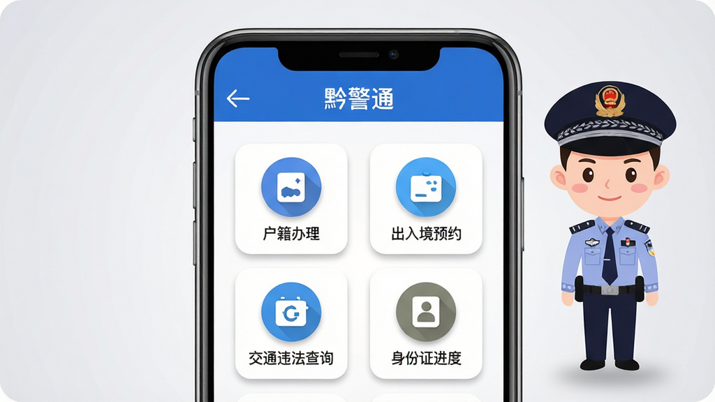 手机屏幕正中央展示黔警通应用主界面,蓝色警务风格顶部导航栏,下方排列户籍办理、出入境预约、交通违法查询、身份证进度四大功能图标,背景为干净的浅灰色渐变,画面右侧悬浮一位身穿警服的卡通警察形象,整体布局简洁对称,扁平化UI设计风格,细节上图标带有轻微阴影与圆角,画质清晰锐利,无多余元素干扰