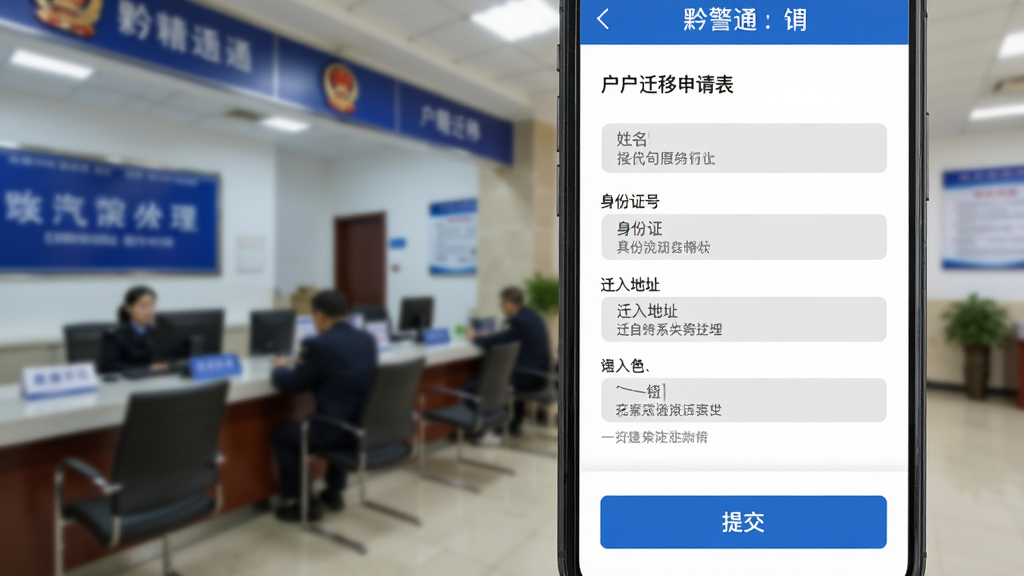 黔警通应用界面展示业务在线办理功能,画面中手机屏幕显示户籍迁移申请表单填写页面,表单包含姓名、身份证号、迁入地址等字段,屏幕下方有醒目的蓝色提交按钮,背景为虚化的派出所办事大厅场景,风格写实与扁平化结合,细节上表单字段带有浅灰色输入框和提示文字,画质高清,画面干净整洁