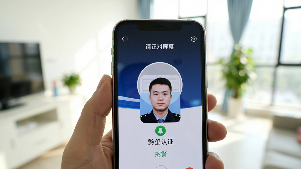 黔警通应用在手机上的使用场景,画面中一只手握持智能手机,屏幕显示实名认证人脸识别界面,手机上方有圆形取景框和提示文字请正对屏幕,背景为明亮的室内环境,风格写实摄影,细节上手机边缘有轻微反光,画质清晰自然,画面干净无杂乱物品