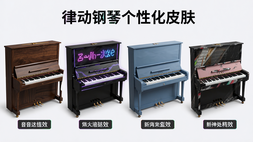 律动钢琴个性化皮肤展示图,画面中展示多款不同风格的钢琴皮肤,包括木质纹理、霓虹灯光、简约纯色等,每款皮肤下方标注音效名称,整体排版整齐,风格多样,画质清晰