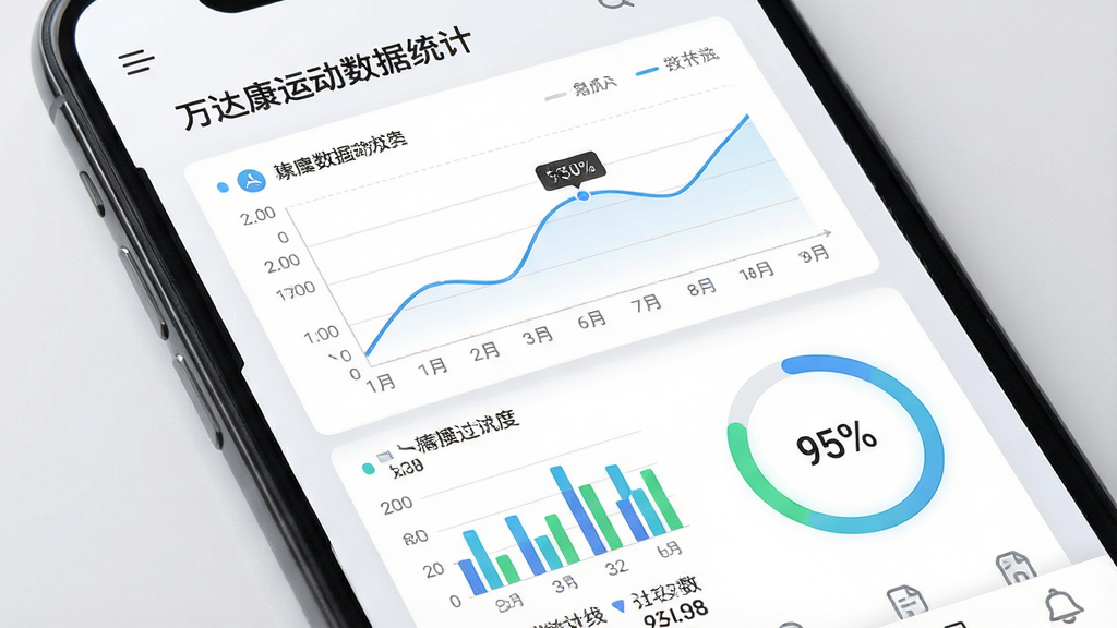 一张展示万达康运动数据统计页面的手机界面图,画面主体为手机屏幕,屏幕上显示运动数据图表,包括折线图、柱状图和环形进度条;布局居中,背景为白色到浅灰色的渐变;风格为数据可视化UI设计;细节包括数据标签、时间轴、统计图标;画质高清,干净利落,无多余元素。
