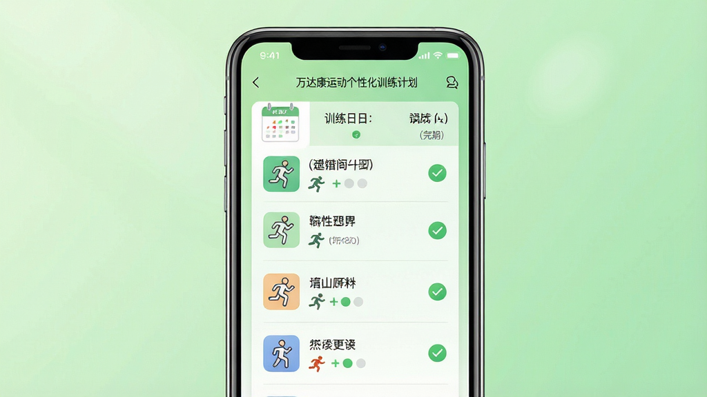 一张展示万达康运动个性化训练计划页面的手机样机图,画面中央为手机屏幕,屏幕上显示一周训练日程表,包含不同运动项目的图标和完成状态标记;布局居中,背景为浅绿色渐变;风格为清新健康风格;细节包括日历元素、勾选标记、运动小图标;画质清晰,干净整洁,无多余元素。