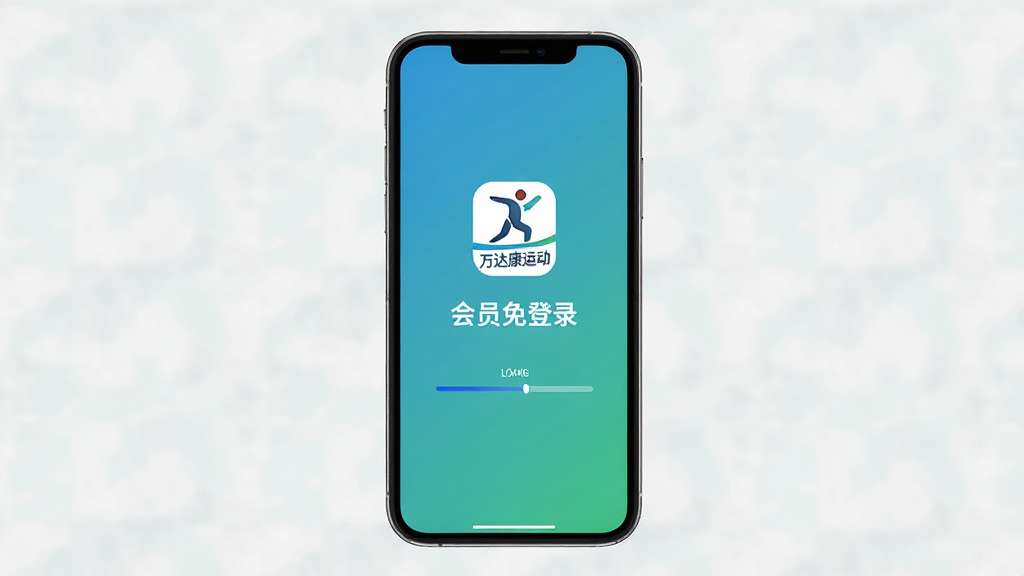 一张展示万达康运动启动页面的手机界面图,画面主体为手机屏幕,屏幕上显示软件启动画面,中央有万达康运动Logo和“会员免登录”字样;布局居中,背景为蓝绿色渐变;风格为现代简约风格;细节包括Logo图标、文字标识、加载进度条;画质高清,干净简洁,无多余元素。