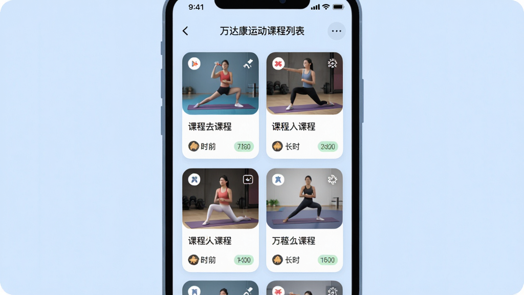 一张展示万达康运动课程列表页面的手机截图风格插画,画面中央为手机屏幕,屏幕上排列着多个运动课程卡片,每个卡片带有课程名称和缩略图;布局为居中对齐,背景为柔和的浅蓝色;风格为扁平化UI插画;细节包括卡片圆角、课程图标、时长标签等;画质清晰,干净整洁,无多余元素。