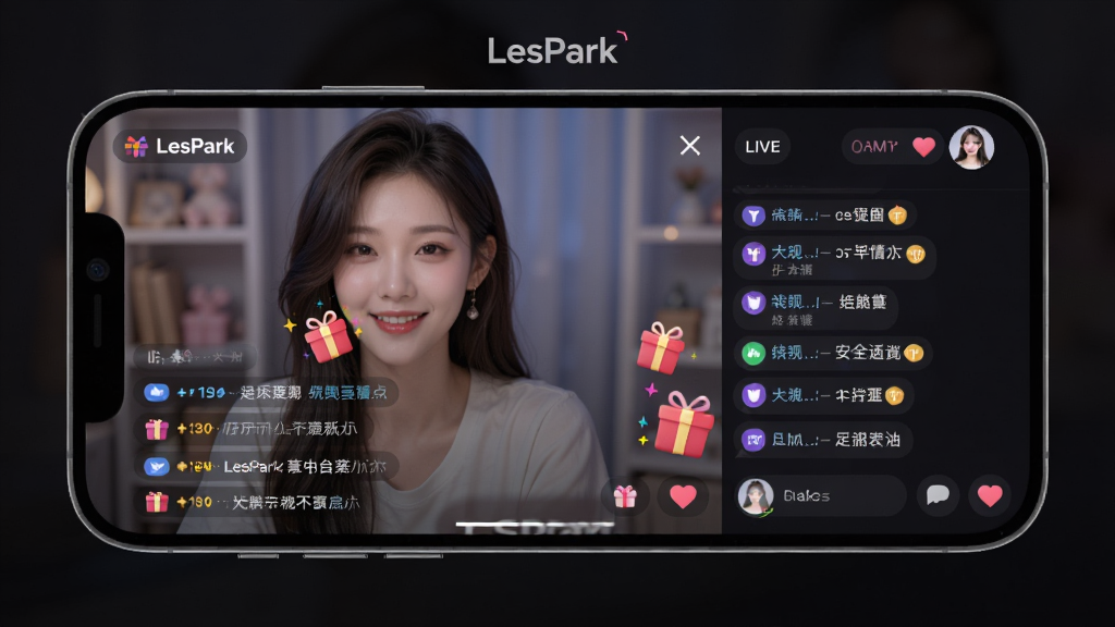 LesPark直播功能界面预览图,主体为手机横屏展示直播画面和互动面板,布局为左侧直播画面右侧聊天区,风格为暗色系沉浸式设计,细节包括礼物动画、弹幕滚动、主播头像,画质高清,画面干净,图中标注