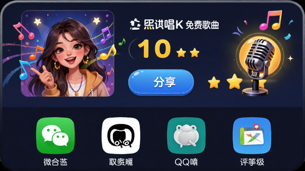 画面主体是全民唱K免费歌曲的录制完成界面,显示分享按钮和评分等级。布局为上下结构,上方是歌曲封面和得分,下方是分享到微信、QQ等平台的图标。风格为活泼卡通风格,细节包括彩色音符飘动、麦克风图标高亮。画质高清,色彩鲜艳,无杂乱元素。