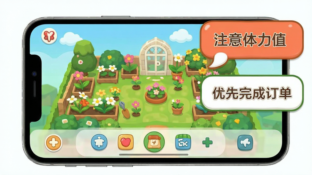 合并花园新手操作界面,画面展示手机屏幕中花园场景与底部合成操作栏,旁边有醒目的提示气泡标注「注意体力值」与「优先完成订单」,风格为扁平化卡通,布局清晰直观,画质明亮干净,无多余装饰