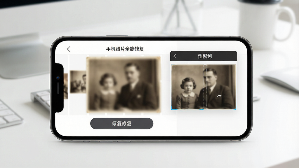 一张手机屏幕展示照片修复软件的界面,画面中央是手机相册里一张模糊的老照片,旁边有修复按钮和对比预览窗口,背景是干净整洁的桌面环境,光线明亮柔和,风格为写实数码产品展示,细节清晰,画质高清,画面干净无多余元素,图中文字为“手机照片全能修复”