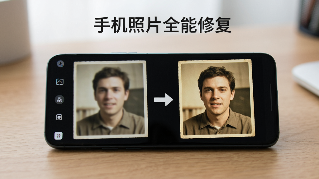 一部安卓手机放在木质桌面上,屏幕中显示一张老旧发黄的照片正在被修复,画面左侧是修复前的模糊状态,右侧是修复后的清晰状态,中间有箭头指示,背景简洁,风格为清新数码评测风,细节丰富,画质高清,图中文字为“手机照片全能修复”