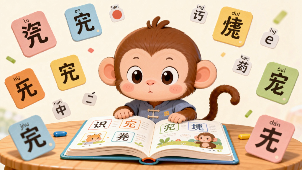 画面主体是一只可爱的卡通小猴子坐在书桌前,面前摊开一本彩色识字绘本,周围漂浮着各种汉字卡片和拼音符号,布局采用中心构图,小猴子位于画面中央,汉字卡片环绕四周,排版错落有致,风格为清新卡通风,色彩明亮柔和,细节包括小猴子专注的表情、绘本上的精美插图和卡片上清晰的汉字,画质高清,干净,无多余元素