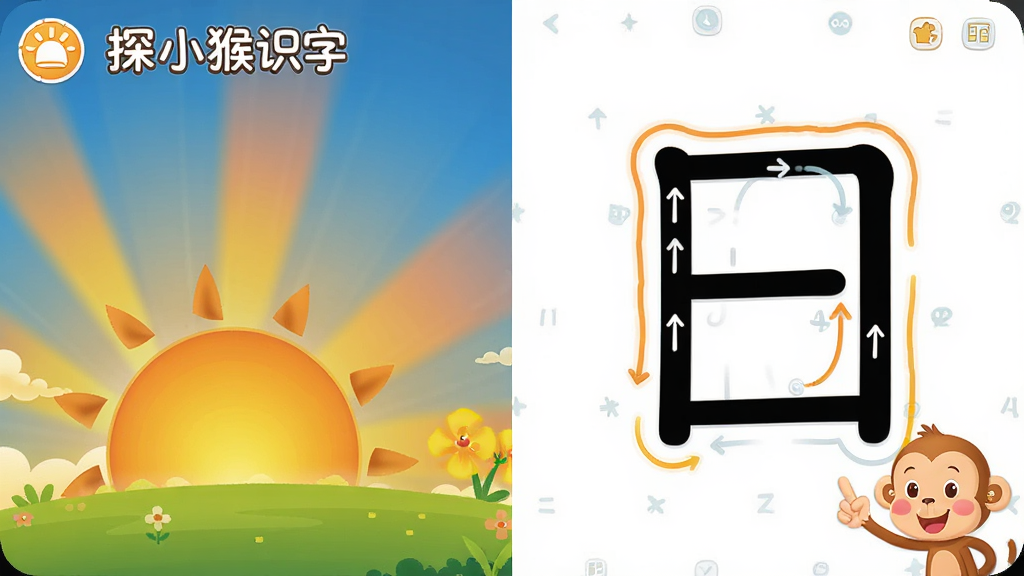 画面主体是探小猴识字软件中的动画识字场景,左侧展示太阳升起的动画过程,右侧显示“日”字的笔画顺序演示,布局为左右分栏,排版清晰,风格为儿童卡通动画风,色彩温暖明亮,细节包括太阳的渐变光芒、汉字笔画的动态轨迹和卡通小猴子的引导手势,画质高清,干净,无多余元素