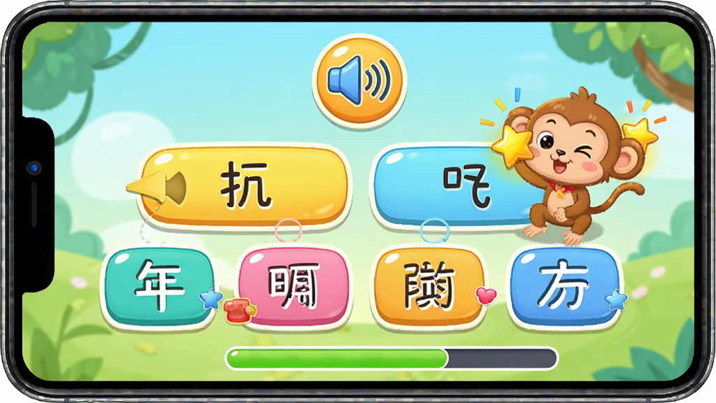 画面主体是探小猴识字软件的互动练习界面,屏幕中央展示听音选字的游戏画面,上方有喇叭图标播放读音,下方有四个汉字选项按钮,布局为上下结构,排版简洁,风格为儿童游戏风,色彩鲜艳活泼,细节包括按钮上的汉字、小猴子举着星星奖励的动画和进度条,画质高清,干净,无多余元素