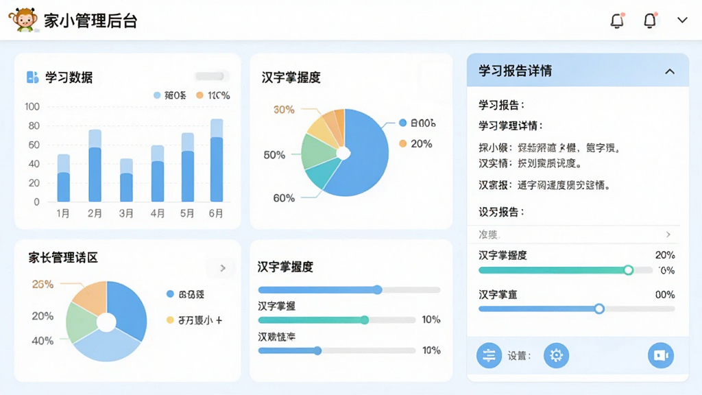 画面主体是探小猴识字软件的家长管理后台界面,左侧显示学习数据图表,右侧展示学习报告详情,布局为左右分栏,排版专业清晰,风格为简约商务风,色彩以白色和浅蓝色为主,细节包括柱状图、饼图、汉字掌握度进度条和设置选项图标,画质高清,干净,无多余元素