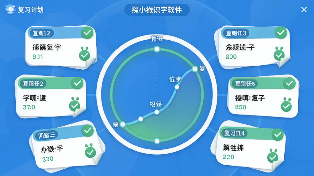 画面主体是探小猴识字软件的复习计划界面,中央显示一个圆环状的记忆曲线图,周围环绕着不同日期的复习任务卡片,布局采用中心辐射式,排版整齐,风格为简约教育风,色彩以蓝色和绿色为主,细节包括曲线图上的时间节点标记、卡片上的汉字数量显示和打卡图标,画质高清,干净,无多余元素