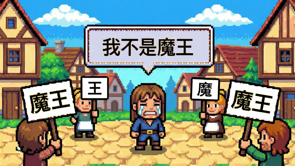 一幅像素风格游戏剧情画面,主角站在村庄广场中央,头顶有一个闪烁的“我不是魔王”对话框,周围村民举着写有“魔王”字样的牌子,主角表情哭笑不得,背景是像素风格的欧式村庄,天空飘着几朵白云,整体风格为复古像素RPG画面,色彩明亮,细节精致,画质清晰干净,无多余元素