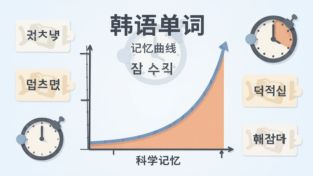一幅表现艾宾浩斯记忆曲线的信息图,画面中央是上升的曲线图表,周围环绕着韩语单词卡片和时钟图标,风格扁平化设计,色彩柔和,文字标注“韩语单词”和“科学记忆”,画质清晰,布局整洁