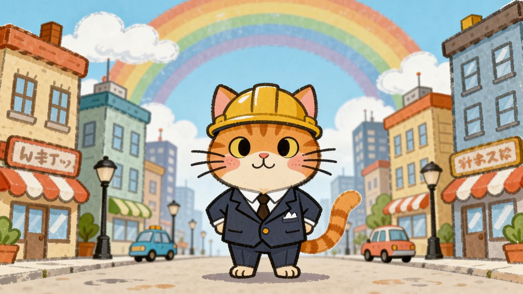 一只橘色猫咪站在卡通城市中央,周围是各种可爱的建筑物和商店,猫咪穿着小西装戴着安全帽,背景是蓝天白云和彩虹,主体居中构图,画面分为近景猫咪和远景城市两个层次,卡通手绘风格,细节包括猫咪的胡须、建筑窗户、路灯、小汽车,高清画质,干净明亮,无多余元素,画面中不出现文字