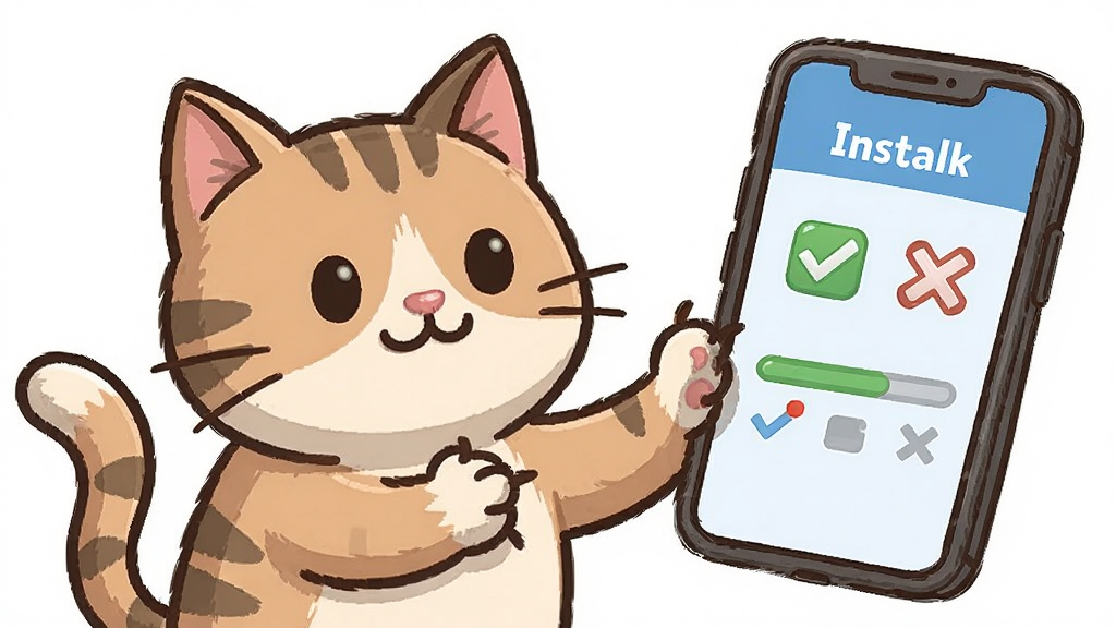 一只猫咪拿着手机,手机屏幕上显示游戏安装界面,旁边有勾选和叉号的图标,主体是猫咪操作手机,布局为猫咪在左、手机在右,排版简洁,卡通风格,细节包括猫咪的爪子、手机屏幕的进度条、勾选标记,高清画质,干净无多余元素,画面中不出现文字