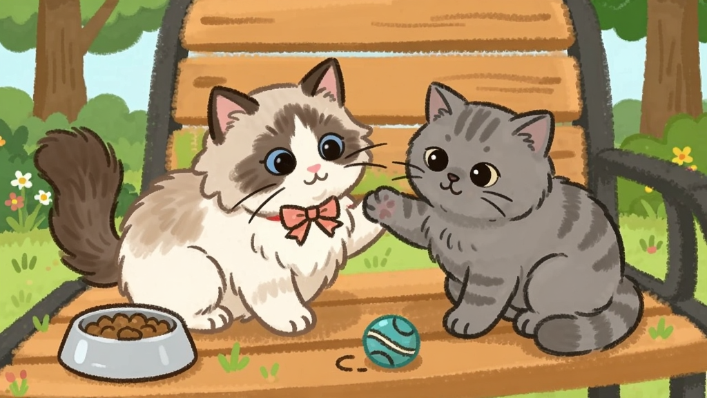 一只布偶猫和一只英短猫在公园长椅上玩耍,旁边有猫粮碗和玩具球,主体是两只猫咪互动,布局为猫咪居中、背景是公园绿地和长椅,排版温馨,卡通手绘风格,细节包括猫咪的毛发纹理、蝴蝶结、草地上的小花,高清画质,干净无多余元素,画面中不出现文字