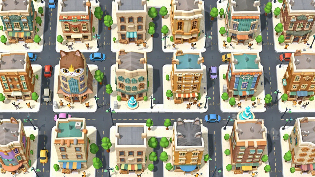 俯瞰视角的猫咪城市全景,各种形状的建筑物排列整齐,街道上有小汽车和行走的猫咪居民,主体是城市全景,布局为网格状街道和分区建筑,排版开阔,卡通明亮风格,细节包括屋顶颜色、树木、路灯、喷泉,高清画质,干净无多余元素,画面中不出现文字