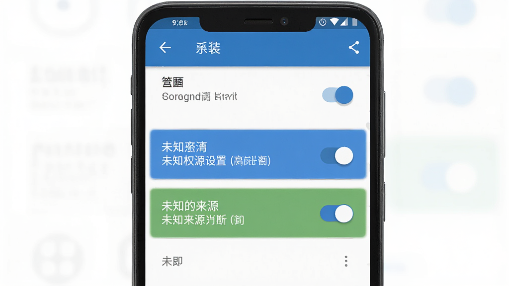 一张手机游戏安装权限设置示意图,主体为安卓手机屏幕中的权限管理页面,布局为竖向列表,排版上高亮显示存储与未知来源开关,风格为简洁系统风,细节包括开关按钮、提示文字与手机边框,画质清晰,干净,无多余元素