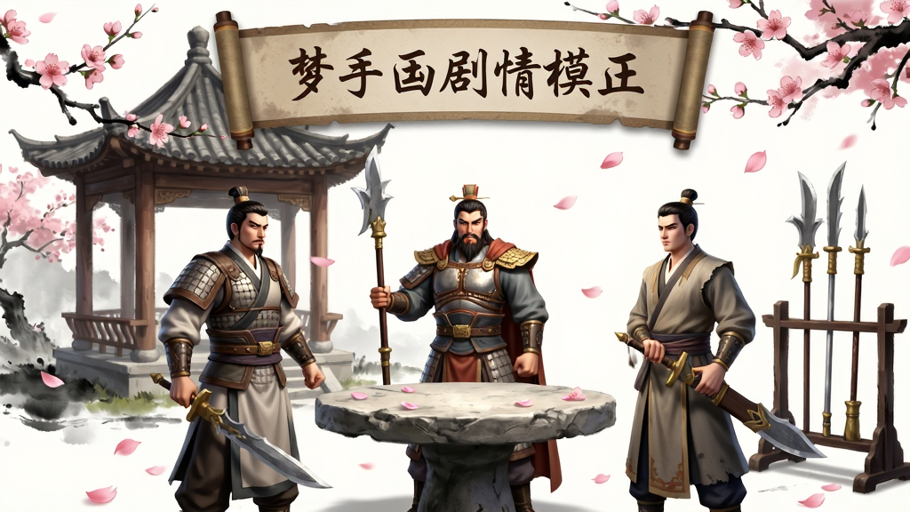 梦三国剧情模式场景插画,主体为桃园结义经典场景,布局以三位英雄人物为视觉中心,排版上方带剧情标题卷轴,风格为国风水墨与CG融合,细节包含桃花飘落、古亭石桌、兵器架,画质精美,干净,无多余元素