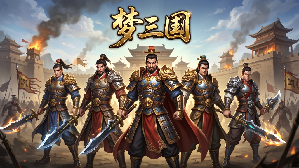 梦三国游戏主界面全景图,主体为五位三国英雄角色并排站立于古典战场中央,布局采用中心对称构图,上方悬浮