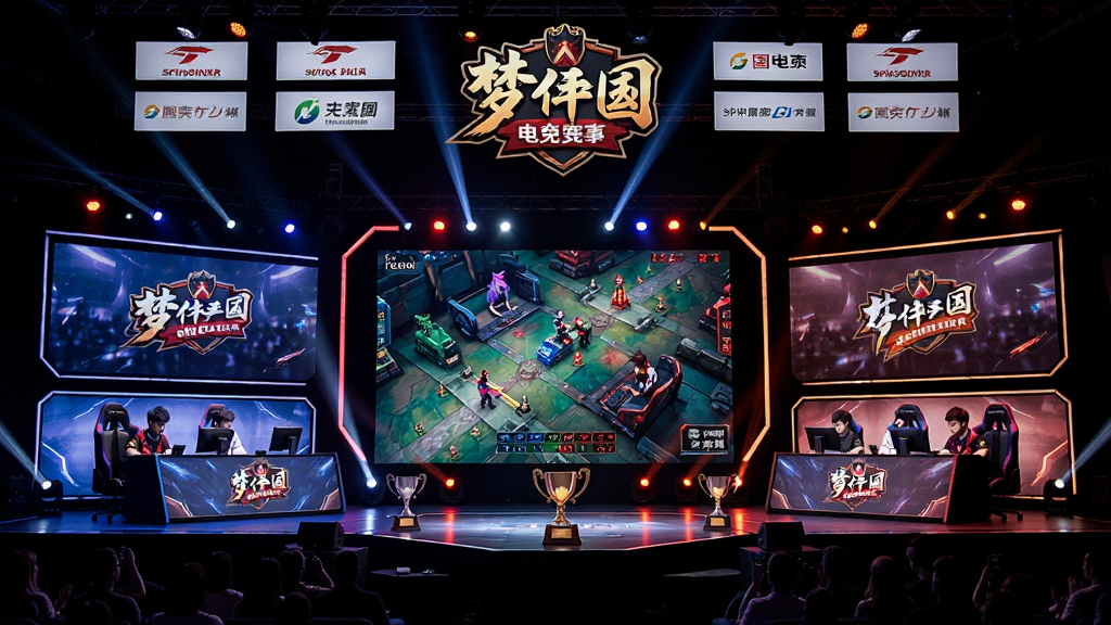 梦三国电竞赛事舞台现场图,主体为大型电竞舞台中央的对战大屏幕,布局两侧为选手对战席,排版上方悬挂赛事Logo与赞助商标识,风格为现代电竞舞台摄影,细节包含舞台灯光、观众席剪影、奖杯陈列,画质高清,干净,无多余元素