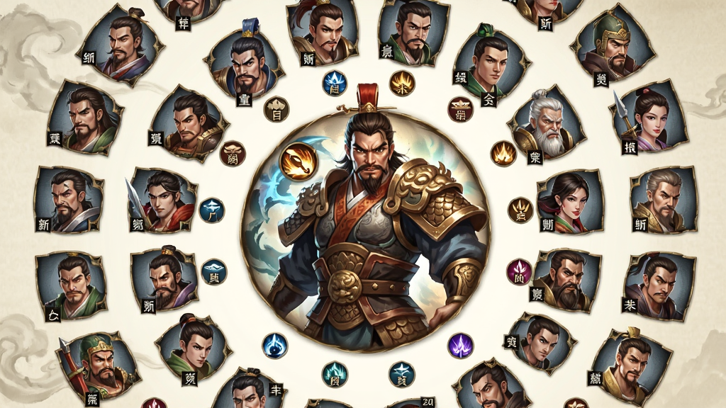 梦三国英雄选择界面截图风格插画,主体为数十位三国英雄头像排列成环形阵列,布局以中心大尺寸英雄立绘为核心向外辐射,排版清晰标注职业定位图标,风格为国风卡牌美术,细节包含英雄表情、服饰纹理、技能图标,画质高清,干净,无多余元素