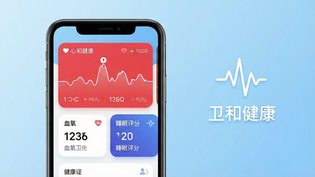 一张展示卫和健康手机应用主界面的图片,主体为一部智能手机,屏幕显示健康数据仪表盘,包含心率曲线、血氧数值和睡眠评分卡片,背景为干净浅蓝色渐变,布局将手机置于画面中央偏左,右侧留白处放置简洁的心电波形图标和“卫和健康”文字,风格为现代科技感扁平化设计,细节包含清晰的数据图表和圆角卡片,画质高清,干净,无多余元素。