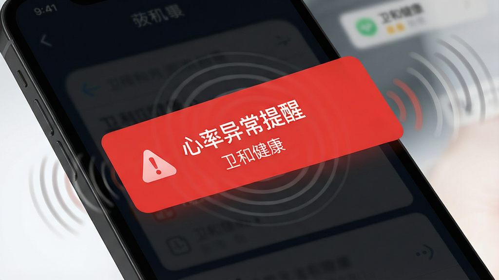 一张展示卫和健康应用异常提醒功能的图片,主体为手机屏幕弹出红色预警通知卡片,卡片上写有“心率异常提醒”和“卫和健康”字样,布局将手机倾斜展示,背景为深色,风格为紧急通知界面设计,细节包含警示图标和震动波纹效果,画质高清,干净,无多余元素。