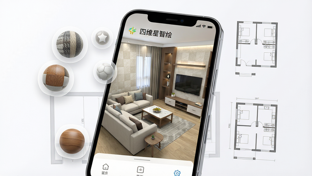 一张展示移动端室内设计应用界面的图片,画面主体是一部智能手机,屏幕上显示着“四维星智绘”软件的三维房间设计预览界面,房间内有沙发、茶几和电视墙,墙面铺贴着浅色瓷砖纹理。手机屏幕周围环绕着一些悬浮的材质球图标和户型线条元素。布局采用居中构图,手机位于画面正中央略微倾斜。整体风格为干净明亮的科技感写实风,细节上强调屏幕内画面的高清质感和界面UI的清晰度。画质要求4K级别,画面干净,无多余元素。