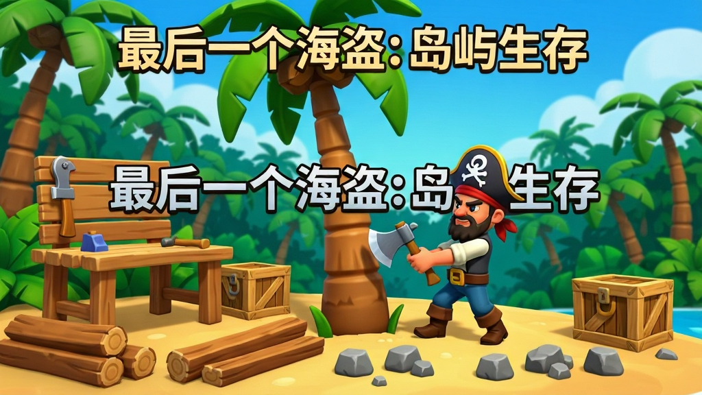 卡通风格的海盗角色在荒岛上用斧头砍伐棕榈树,旁边有已建好的木制工作台和储物箱,地面上散落着木材和石块资源,背景是茂密的热带丛林与蔚蓝天空,画面中央写有“最后一个海盗:岛屿生存”游戏名称,整体布局清晰,色彩明亮,干净无多余元素,高清画质