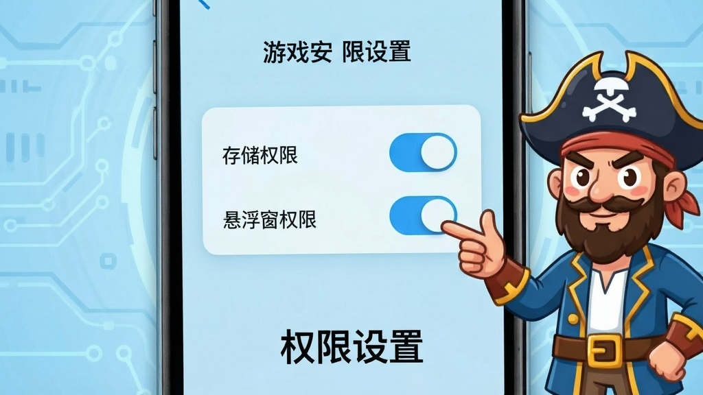 手机屏幕显示游戏安装权限设置界面,旁边有卡通海盗角色指引手势,画面中列出“存储权限”“悬浮窗权限”两个开关按钮,背景为浅蓝色科技风格,画面下方写有“权限设置”文字,整体布局简洁,干净无多余元素,高清画质