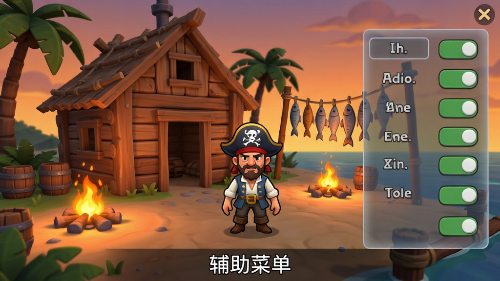 游戏界面截图风格,画面中显示海盗角色站在建造好的木屋前,屏幕侧边有一个半透明的辅助菜单面板,面板上列出若干功能开关按钮,背景是黄昏时分的海岛营地,有篝火和晾晒的鱼干,画面下方写有“辅助菜单”文字标识,整体采用卡通游戏UI风格,布局整洁,干净无多余元素,高清画质