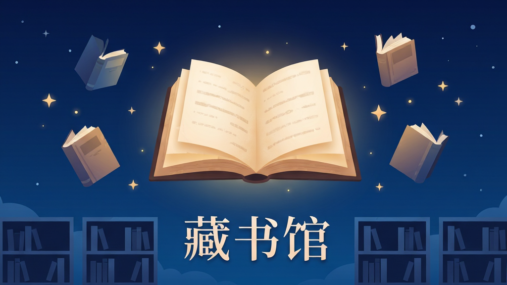 画面中央是一本打开的电子书悬浮在深蓝色夜空背景中,书页发出柔和暖光,周围环绕着漂浮的书籍与星光,画面下方有简约的图书馆书架剪影,整体布局上中下结构,排版居中对称,风格为现代扁平插画,细节包括书页纹理、光晕渐变、星星点点,画质高清,干净,无多余元素,画面中下方用优雅字体写着“藏书馆”三个字