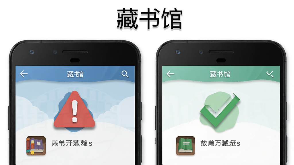 一部安卓手机屏幕显示藏书馆应用管理界面,旁边有红色警告图标和绿色对勾图标对比,布局为左右对比结构,左侧红色警告右侧绿色对勾,排版清晰,风格为扁平化信息图,细节包括图标阴影、文字标注、手机边框,画质高清,干净,无多余元素,画面顶部写着“藏书馆”