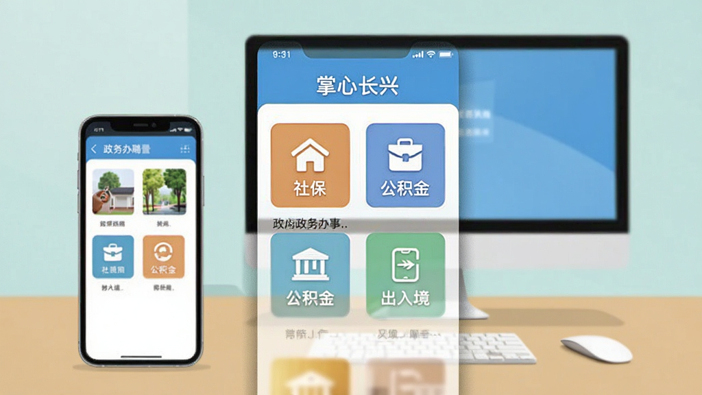 掌心长兴应用政务办事页面截图展示,界面中排列社保、公积金、出入境等多个服务入口图标,配以手机和桌面的简洁背景,扁平化设计风格,色彩清新,无杂乱元素,高分辨率