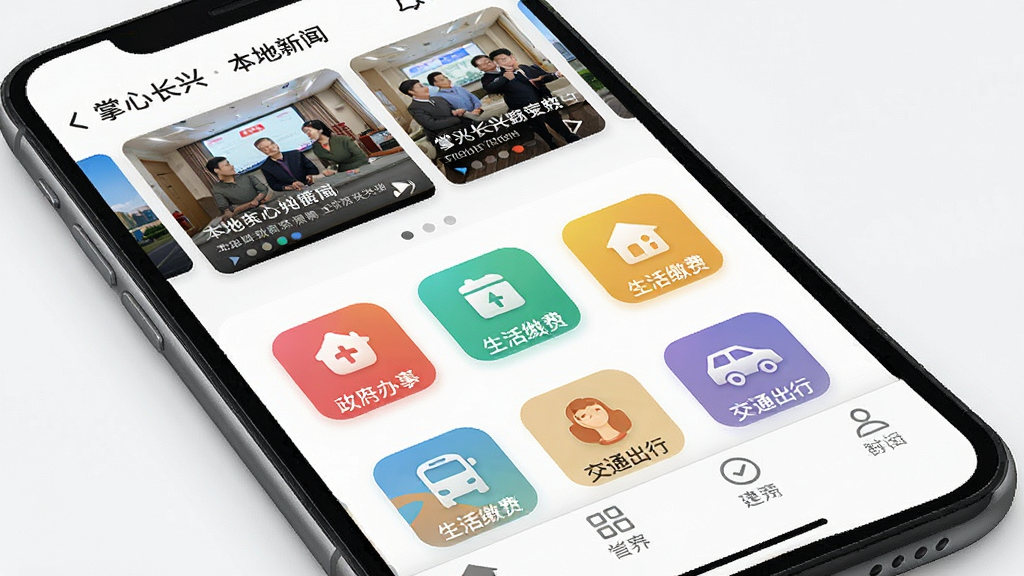 手机屏幕展示掌心长兴应用主界面,顶部轮播本地新闻图片,中部排列政务办事、生活缴费、交通出行等彩色功能图标,底部导航栏清晰可见,整体布局简洁明快,现代科技风格,画面干净无多余元素,高清画质